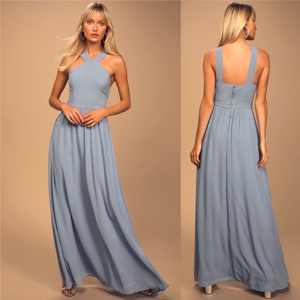 Lulus Maxi Dress Air of Romance Light Blue Criss Cross Front  M NWT